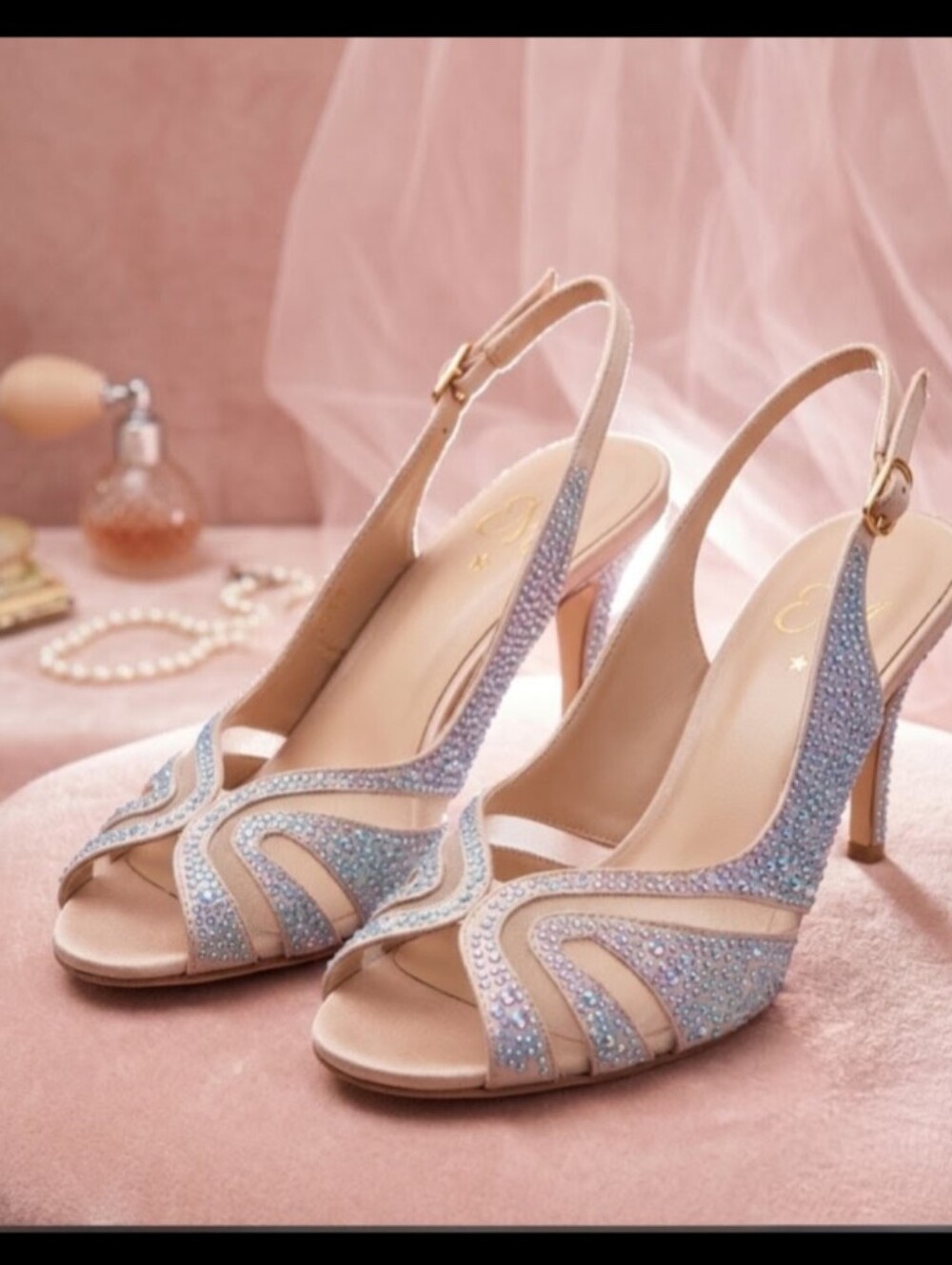 Embellished Nude Slingback Heels with Blue Crystal Accents, Le Chateau